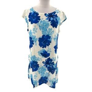 NWT Cristina Vergani Women's Floral Linen BlenD Floral Blue and White Dress Sz M